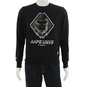 Aape Mens Pullover Sweatshirts Black Graphic Army Crew Neck Long Sleeve Size S